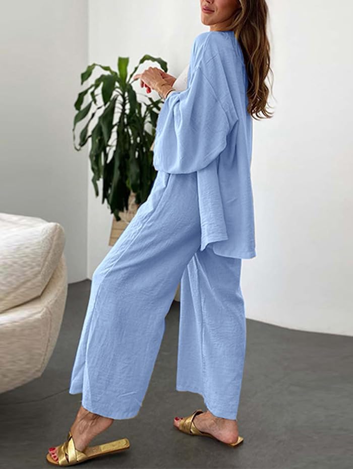 ZAFUL Women'S 2 Piece Linen Long Sleeve Kimonos Cardigan Sets Wide Leg Pants Outfits Suits - Image 3