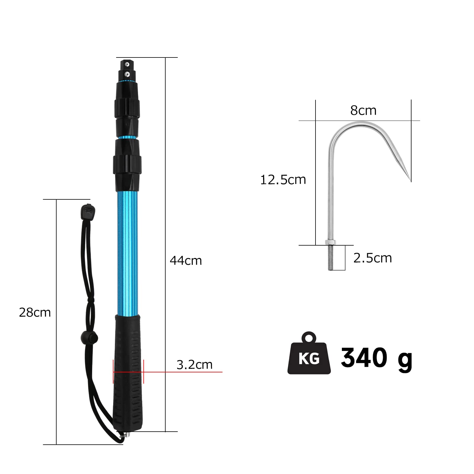 KOMCLUB Raffio Pesca Telescopico in Lega di Alluminio Accessori per la Pesca con Gancio da Pesca e Manico in Gomma, Adatto per la Pesca in Acqua Dolce e Salat