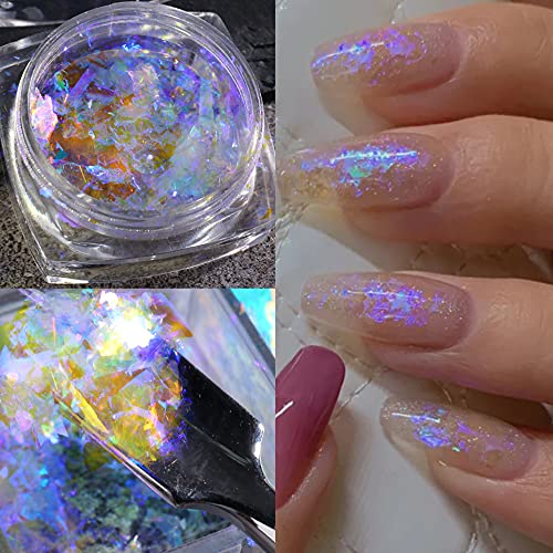 Holographic Nail Art Glitter Iridescent Flakes Powder,5 Boxes Nail Foil Colorful Fluorescent Glass Paper Chameleon Ice Crystal Mermaid Paillettes Sparkly Sequins Design For Summer Nail Art Decoration #TOP3