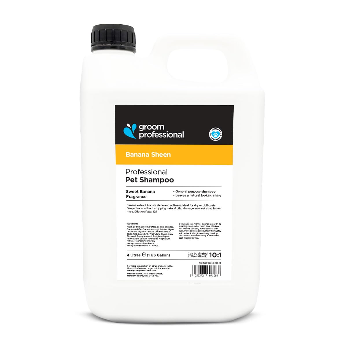 Groom Professional Banana Sheen Dog Shampoo (4 L) – Salon Size 12 : 1 Concentrate with Natural Banana Extract, Deep Cleaning and Conditioning, Restores Shine and Fresh Fragrance, Made in UK