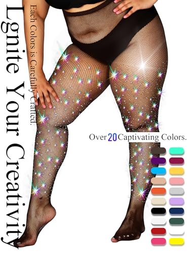 Image of HONENNA Queen Plus Size 10X Strong Rhinestone Fishnet Stockings, Ultra Sparkly High Waist Tights for Women, Party Concert