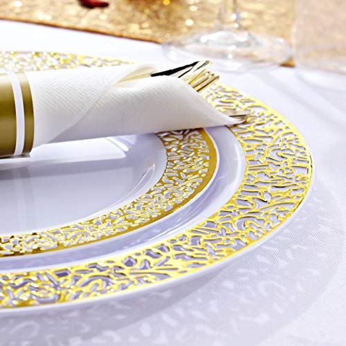 Llsf 210 Pcs Gold Plastic Plates, Disposable Dinnerware Set, Includes: 30 Dinner Plates, 30 Salad Plates, 30 Cups 9 Oz And 30 Per Rolled Napkins With Gold Cutlery, Perfect For Wedding And Party #TOP4