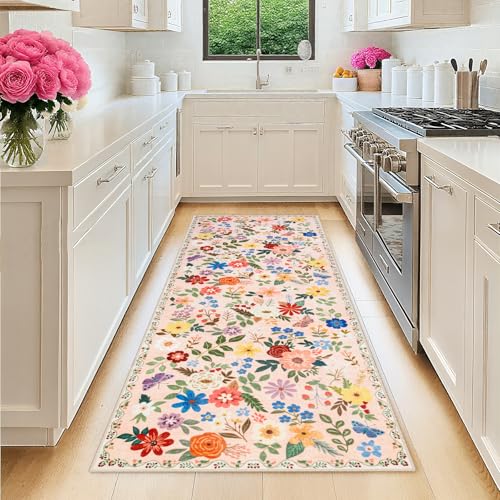PLHXFR 2.6x8 Washable Runner Rug：Floral Indoor Kitchen Soft Carpet Beige