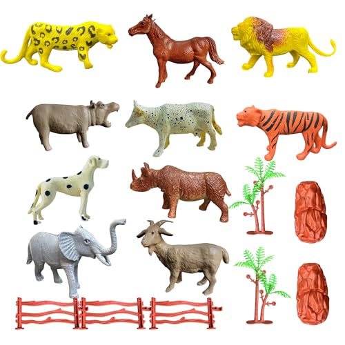 Image of ZESTHOME Forest & Jungle Animal Toys Set for Kids | Lion, Tiger & Wild Zoo Animals with Trees, Fence & Stones - Educational Safari Playset for Boys & Girls | 17 Piece