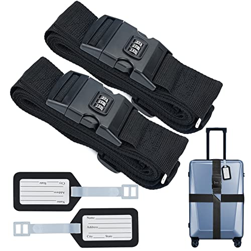 Lot 2 Sangles à Bagages de 400 cm à Code croisé avec Clip de Verrouillage par Mot de Passe avec 2 étiquettes d'indication de Bagages, Sangles de Bagage réglables, Ceintures de sécurité Anti-Perte Cover