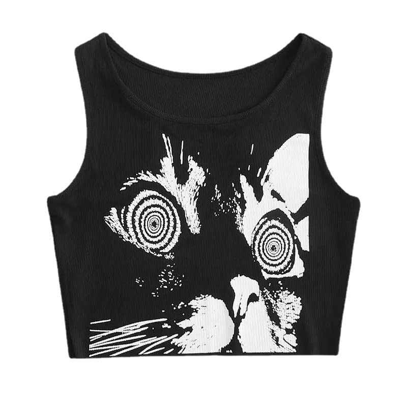 CEINOM E-girl Gothic Grunge Crop Tops Vintage Women Cat Graphics Black Tops Retro lovely kitten Mini Vest Punk Emo Clothes