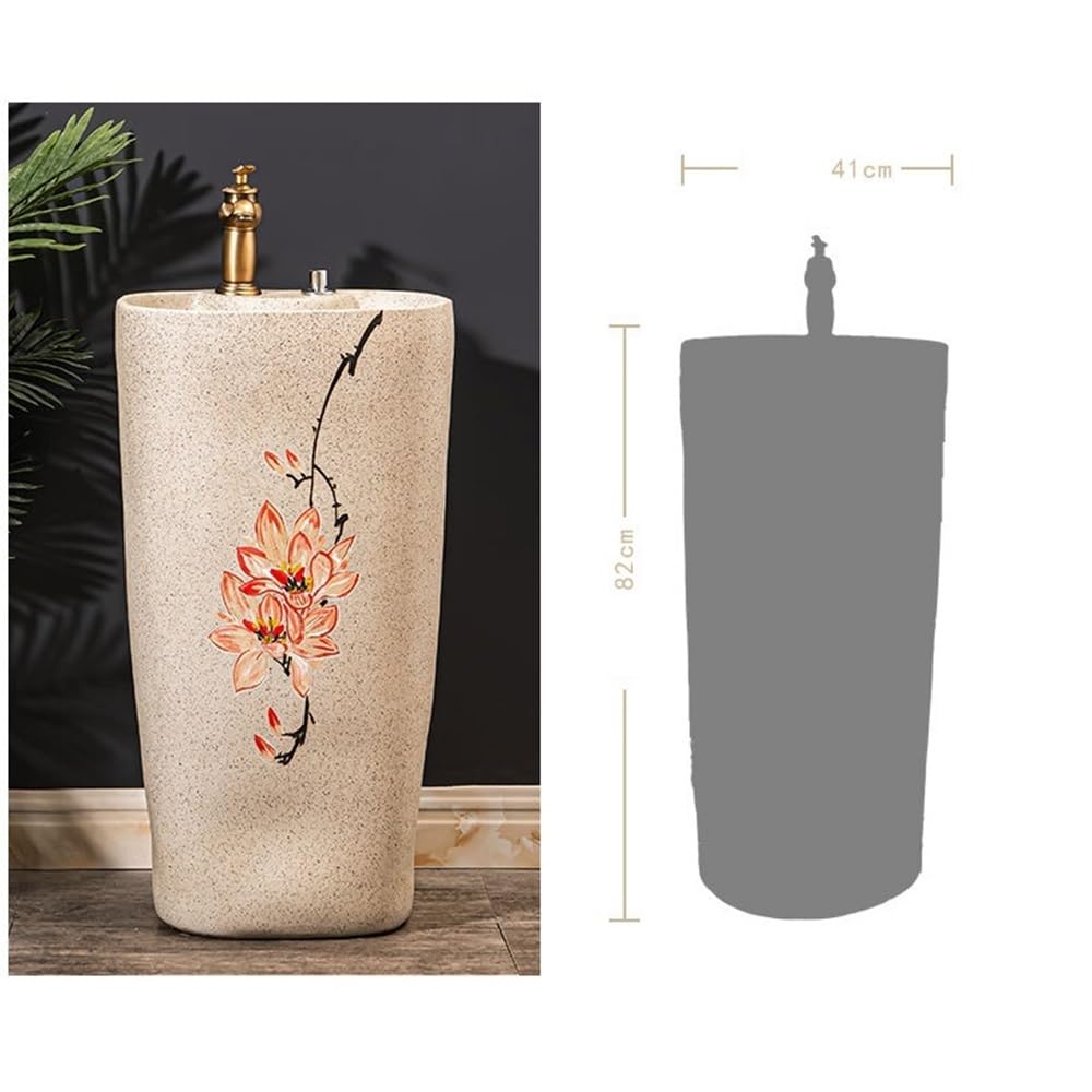 Lavello a colonna in ceramica con rubinetto e scarico, elegante lavabo da pavimento per uso domestico ed esterno, design salvaspazio, facile installazione e moderno