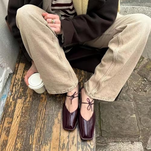 QIV Square Toe Mary Jane Ballet Flats for Women Lace up Slip on Work Flats with Bow Comfort Casual Dress Ballerina Shoes3