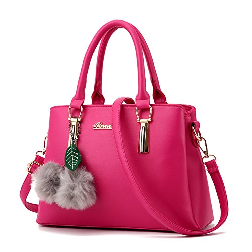 ZiXing Grand Sac a main en cuir Sac Bandoulière pour Femme Boule de poil - Rose