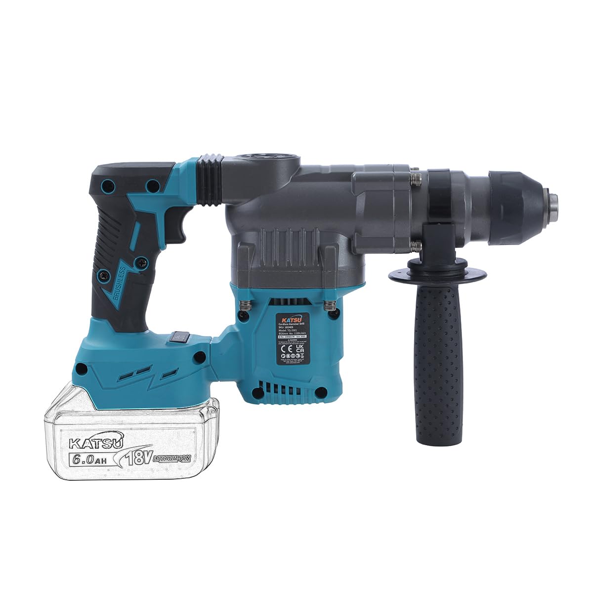 KATSU FIT-BAT Martello demolitore perforatore a batteria SDS da 21 V, 26 mm, per cantieri domestici, perforazione di scalpellatura del calcestruzzo, senza batteria e caricabatterie 102403