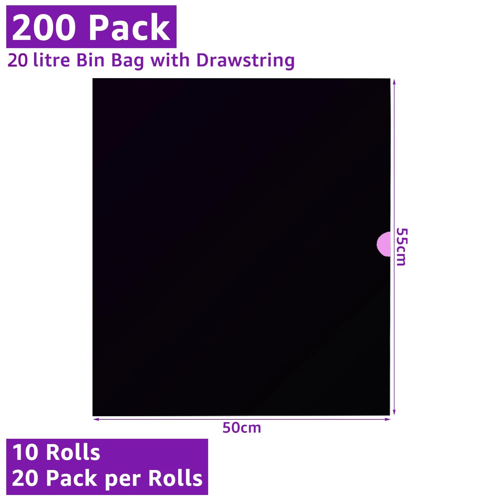 Set di 200 sacchetti della spazzatura da 20 litri con cordino, 50 x 55 cm, sacco della spazzatura extra forte, 10 rotoli con maniglia per il trasporto, sacco della spazzatura, sacchetti per la