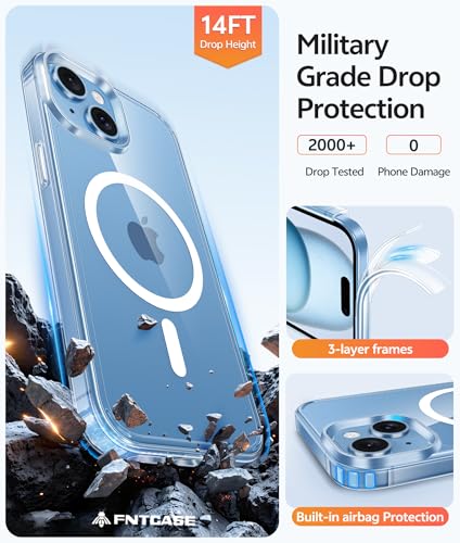 Image of FNTCASE for iPhone 15 Case: for iPhone 14 Case & iPhone 13 Case [Compatible with Magsafe] [Screen Protector] Anti Yellowing Transparent Clear - Military Grade Shockproof Protective Phone Cover - Clear