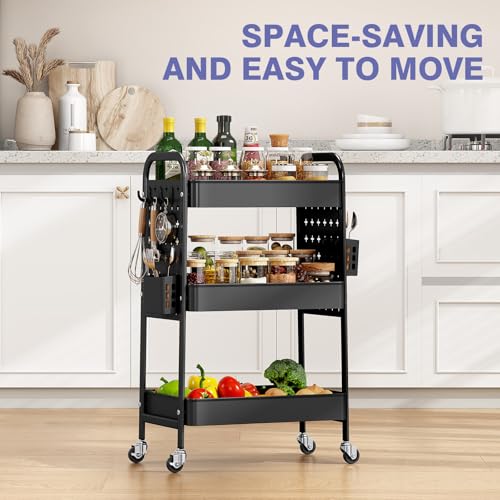 Image of KINGRACK 3 Tier Rolling Cart with DIY Pegboard, Metal Utility Cart with Wheels, Hooks & Baskets, Sturdy Storage Organizer for Craft, Bathroom, Kitchen, Office, Nursery, Classroom