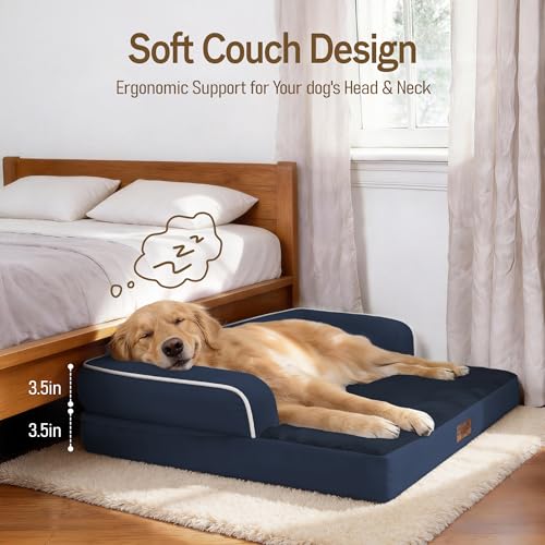 Image of Comfort Expression Washable Orthopedic Dog Bed for Extra Large Sized Dogs | Waterproof Memory Foam Pet Bed 45x35 Inch with Removable Cover with Non-Slip & Bolster, Navy Blue