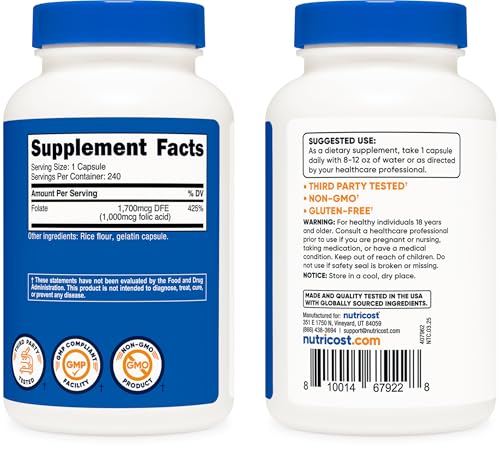 Image of Nutricost Folic Acid (Vitamin B9) 1000 mcg, 240 Capsules (Pack of 2)
