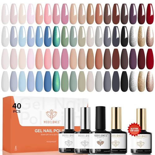 Image of modelones 40 Pcs Gel Nail Polish Set, 36 Colors Winter Nude Brown White Burgundy Red Blue Black Glitter Gel Polish Kit with Base Coat& Matte Glitter Glossy Top Coat Salon DIY Manicure