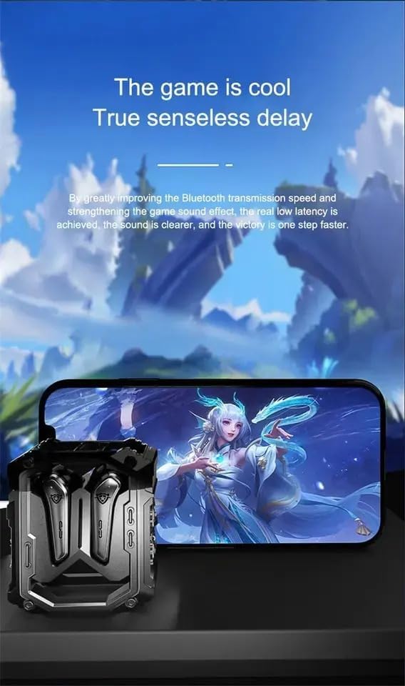 H08 Mecha Bluetooth Wireless Headset with smartphone displaying game