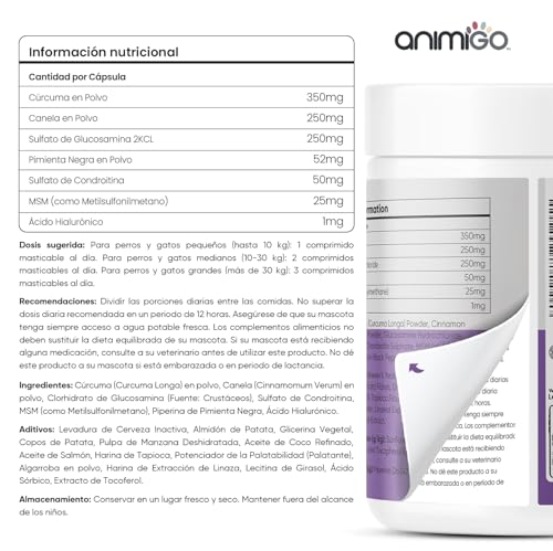 Miniatura 5 de Condroprotector para Perros y Gatos, 120 Masticables - Comprimidos para Cadera y Articulaciones de Perros Grandes y Pequeños - Huesos con Condroitina, Glucosamina, MSM, Ácido Hialurónico y Cúrcuma