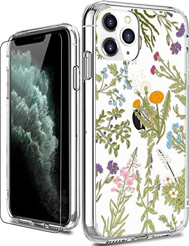 LUHOURI iPhone 11 Pro Max Case with Screen Protector,Clear with Cute Floral Flower Leaves Designs for Girls Women,Shockproof Slim Fit Protective Phone Case for iPhone 11 Pro Max 6.5 inch 2019