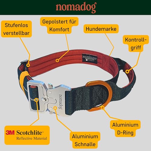 Nomadog Trailblazer Hundehalsband mit Griff für Große Hunde - Premium Aluminium Schnalle, Strapazierfähiges taktisches Halsband, Verstellbar, Gepolstert, Reflektierend (XL)