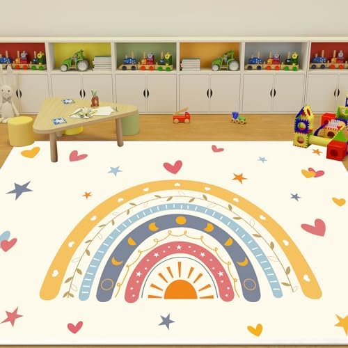 Rainbow Area Rug 5x6.6 for Living Room and Bedroom Girls, Washable Rug with Non-Slip Backing Soft Colorful Rainbow Floor Rug Area Rug Carpet for Room Girls Kids Nursery (Yellow, 5 X 6.6ft)