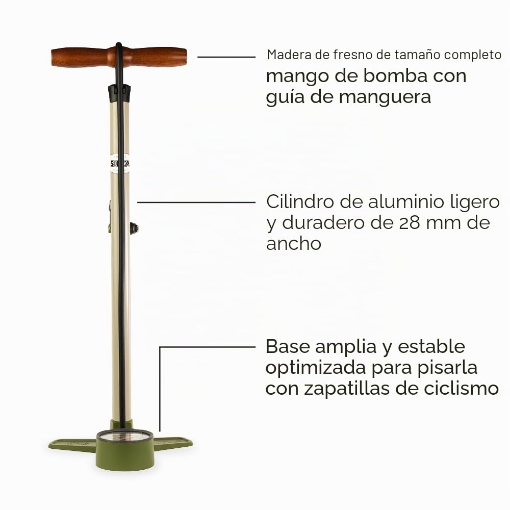 SILCA Bomba de Suelo para Bicicleta Terra | Manómetro de Alta y Baja presión de 2 etapas | Portabrocas de Bloqueo Reversible Presta y Schrader | Barril y Base de Aluminio | Verde Oliva