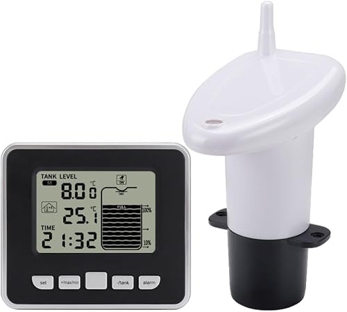 Wireless Water Tank Level Monitor with Indoor Temperature Display, ABS Cistern Gauge Sensor for Home Rain, High Low Alarm and Min Max Record, Battery Powered Transmitter Receiver Set