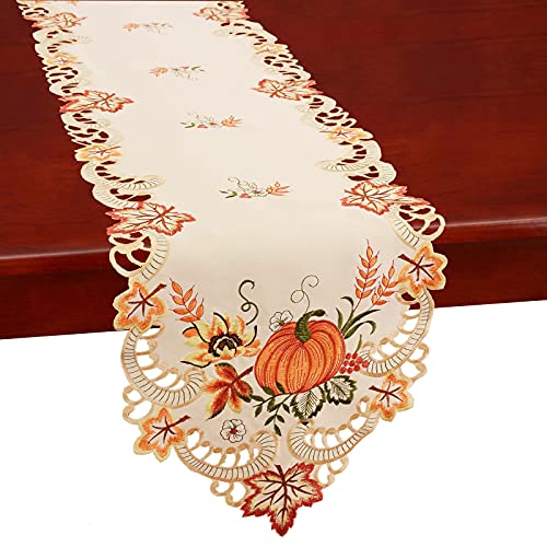 Simhomsen Embroidered Thanksgiving Harvest Pumpkins Table Runners for Autumn Or Fall Decorations (14 × 108 Inches)