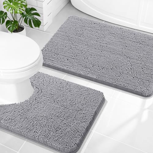 Image of OLANLY Bathroom Rugs Sets 2 Piece, Soft Absorbent Chenille Bath Mats and U-Shaped Contour Toilet Mat Area Rug Set, Machine Washable Bath Carpet, Home Decor Accessories (30 inchx20 inch+24 inchx20 inch, Grey)