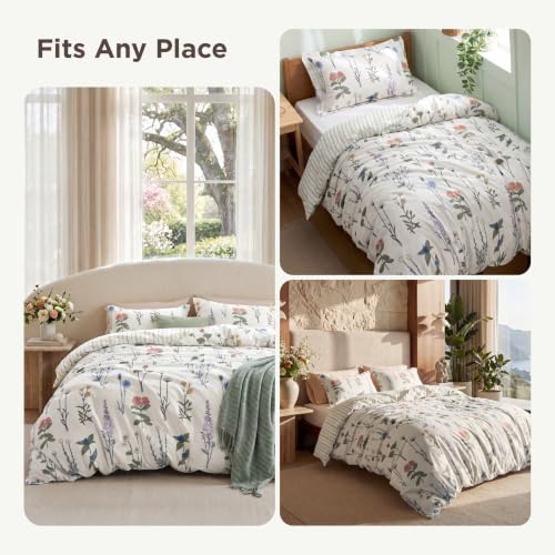 Image of Bedsure Duvet Cover King Size - Reversible Cute Floral Duvet Cover Set with Zipper Closure, 3 Pieces White Bedding Set with 8 Corner Ties and 2 Pillow Shams 20 inchx36 inch