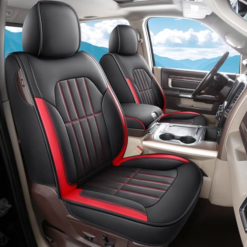 Image of Truckiipa Dodge Ram 2 Front Seat Covers Custom Fit for 2002-2025 2026 1500 2500 3500 Pickup Crew Double Quad Cab Laramie Big Horn Full Coverage Waterproof Leather Truck Seat Protectors, Red