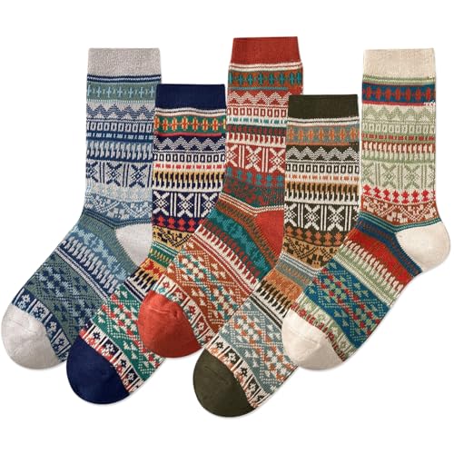 Image of IIG 3-5 Pairs Womens Vintage Cozy Crew Socks Soft Cute Neutral Cotton Socks Exquisite Patterns Socks Gift