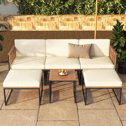 Tangkula 6 Pieces Acacia Wood Patio Furniture Set, Patiojoy Outdoor Sectional Conversation Sofa Set with Cushions, Coffee Table and Ottomans, Patio Seating Sofas for Garden, Poolside, Backyard - Image 3