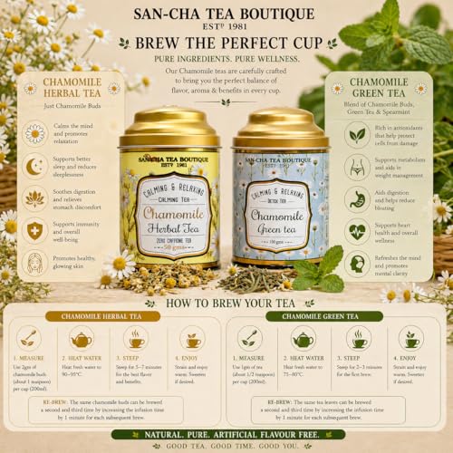 Image of Sancha Tea Boutique, Combo Pack, Chamomile Herbal (50g) & Green (100g), Relaxing & Calming Floral Blends, Herbal Tisane + Whole Leaf Green, Real Flowers & Leaves