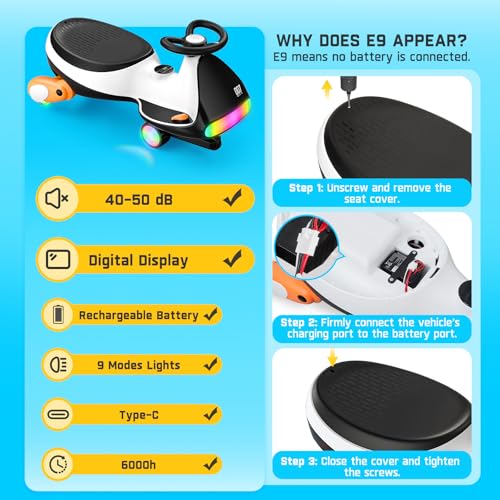 FanttikRide 12V N7 Ultra Electric Wiggle Car with Pedal, Kids Car, MagicMute Motor Swing Car, 2 Speeds, 9 Color Modes, Digital Display, Bluetooth, for Ages 3 and Up, 150 Lbs, Penguin Black