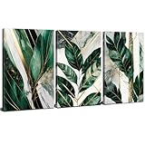 Emerald Green Wall Art Tropical Botanical Prints Bathroom Canvas Plant Leaf Wall Decor for Living Room Abstract Marble Sage Pictures Boho Gold Leaves Painting Artwork Bedroom Home Decoration 12x16” 3P