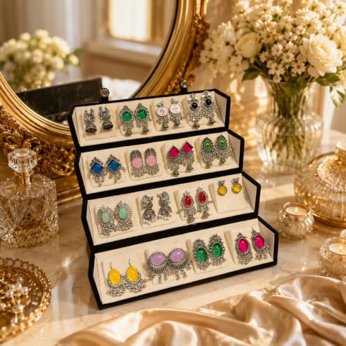 Image of Zenzai 16 Pairs Oxidized Earrings Set for Women - Jhumka Chandbali Earrings Combo with Foldable Velvet Jewelry Box | Ethnic Fashion Earrings Gift Set for Girls