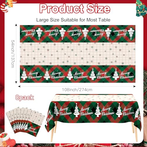 Image of Christmas Tablecloth, 8 PCS Christmas Tablecloth Disposable for Rectangle Table, 54 inch x 108 inch Plastic Snowflake Xmas Tree Decorative Table Cloth Tables Cover for Xmas Holiday Party Decorations Supplies