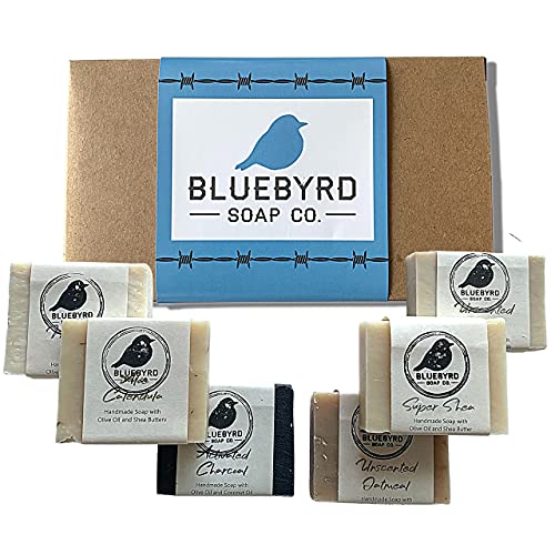 BLUEBYRD Soap Handmade All Natural Unscented Bar Soap Pack of 6 Bars | Six Bars Variety of Fragrance Free Soap Bars, Unscented Soap for Sensitive Skin with Natural Exfoliating Oatmeal Soap, Charcoal Soap for Body Acne, Unscented Goat Milk Soap Bars &