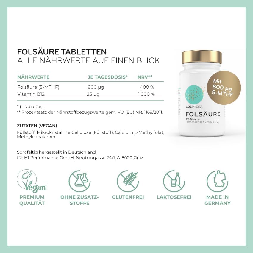 Folsäure Tabletten - Hochdosiert mit 800 μg Folat und 25 μg Vitamin B12 pro Tablette - 180 vegane Tabletten im 6-Monatsvorrat - Mit 5-MTHF, dem best verwertbaren Vitamin B9