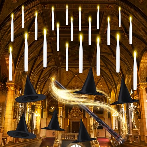 JOYIN 20Pcs Halloween Floating Candles and Witch Hat Light Up with Wand Remote Set Magic Hanging...