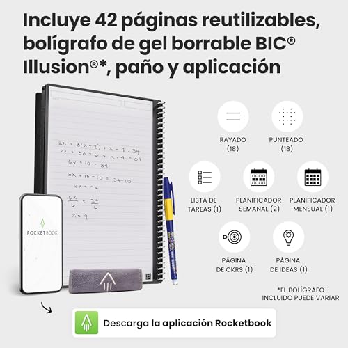 Rocketbook Fusion Agenda de Productividad Sin fechas Reutilizable, Tamaño A5, 15 cm x 22,4 cm, Negro - Objetivos, Calendario Mensual y Semanal, Listas de Tareas Diarias, Páginas de Rayas y Puntos - imagen 5