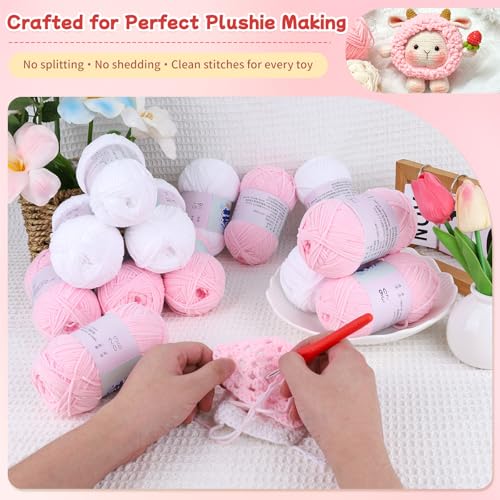 Image of Skinny Chenille Yarn Set - 12 Skeins Soft Baby Yarns (1.76oz /50g, 6 White + 6 Pink, Total 1,896yd) - Fine Weight Matte Chenille Yarn for Crocheting - Soft CYC#2 for Baby Blankets, Plush Toys