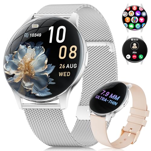2026 Smartwatch Damen mit Telefonfunktion, 1,43'' Amoled Touchscreen Sportuhr mit 120+ Sportmodi/Schrittzähler, 24/7 Herzfrequenz/SpO2/Schlafmonitor,IP68 Wasserdicht Fitnessuhr für Android iOS,Silber