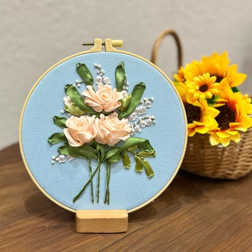 Image of FONNUY Ribbon Embroidery 3D Flowers Pattern Design Kit Embroidery DIY Handwork Set Oval Home Decoration (Champagne Rose)