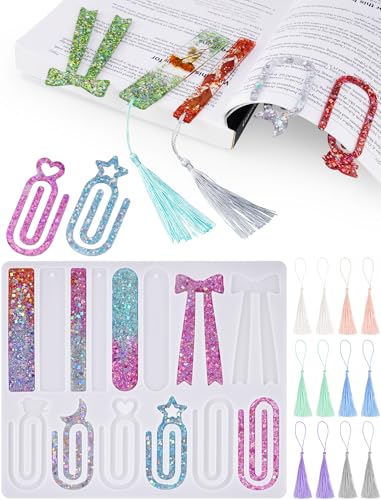 NiArt Silicone Resin Bookmark Mold 14-Shape DIY Bookmark Making Kit with 12 Tassels Epoxy & UV Resin Molds for Rectangle Bow Paperclip Bookmarks (Resin not Included)