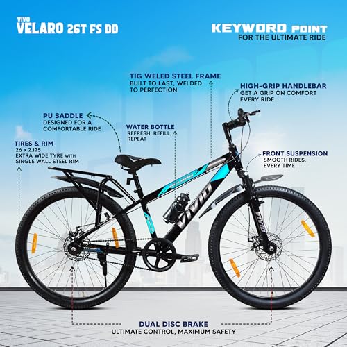 Image of Leader Vivid Valero 26T IBC Single Speed Cycle for Men with Front Suspension & Dual Disc Brakes | Bicycle for Men | City /Mountain Bike with Carrier & Steel Frame | Ideal for 10+ Years - Black