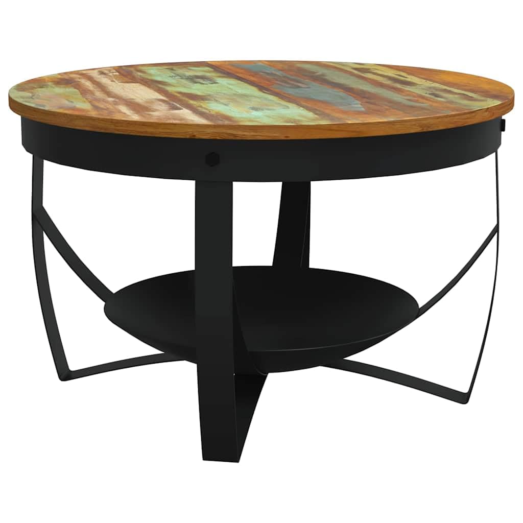 Stolik kawowy Ø 68 x 43 cm, lite drewno z recyklingu, wzornictwo przemysłowe, okrągły stół do salonu, wykonany ręcznie ze starego drewna, stabilny żelazny stelaż