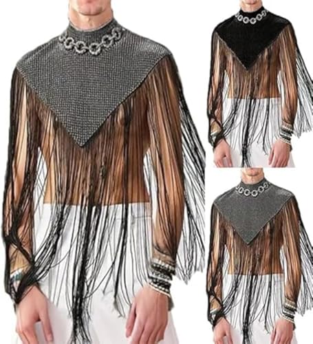 Men's Long Tassel Shrug Shoulder Pads Tank Top Clubwear Disco Rave Outfits Patchwork Sequins Fringe Outwears4