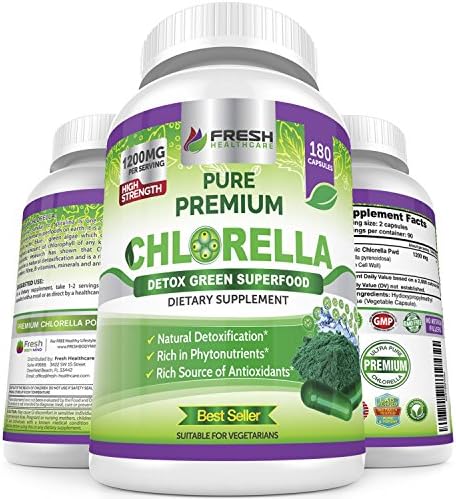 FRESH HEALTHCARE Premium Chlorella Supplement, 1200mg Pure Vegan Powder Capsules, 180 Chlorophyll and CFG Pills, Natural Detox Superfood, Naturally Contains B Vitamins and Minerals